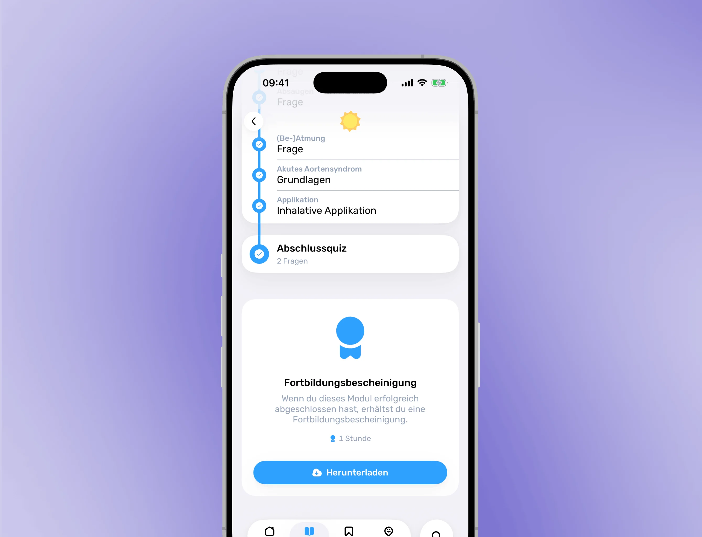 Screenshots der App: Fortbildungsmodul