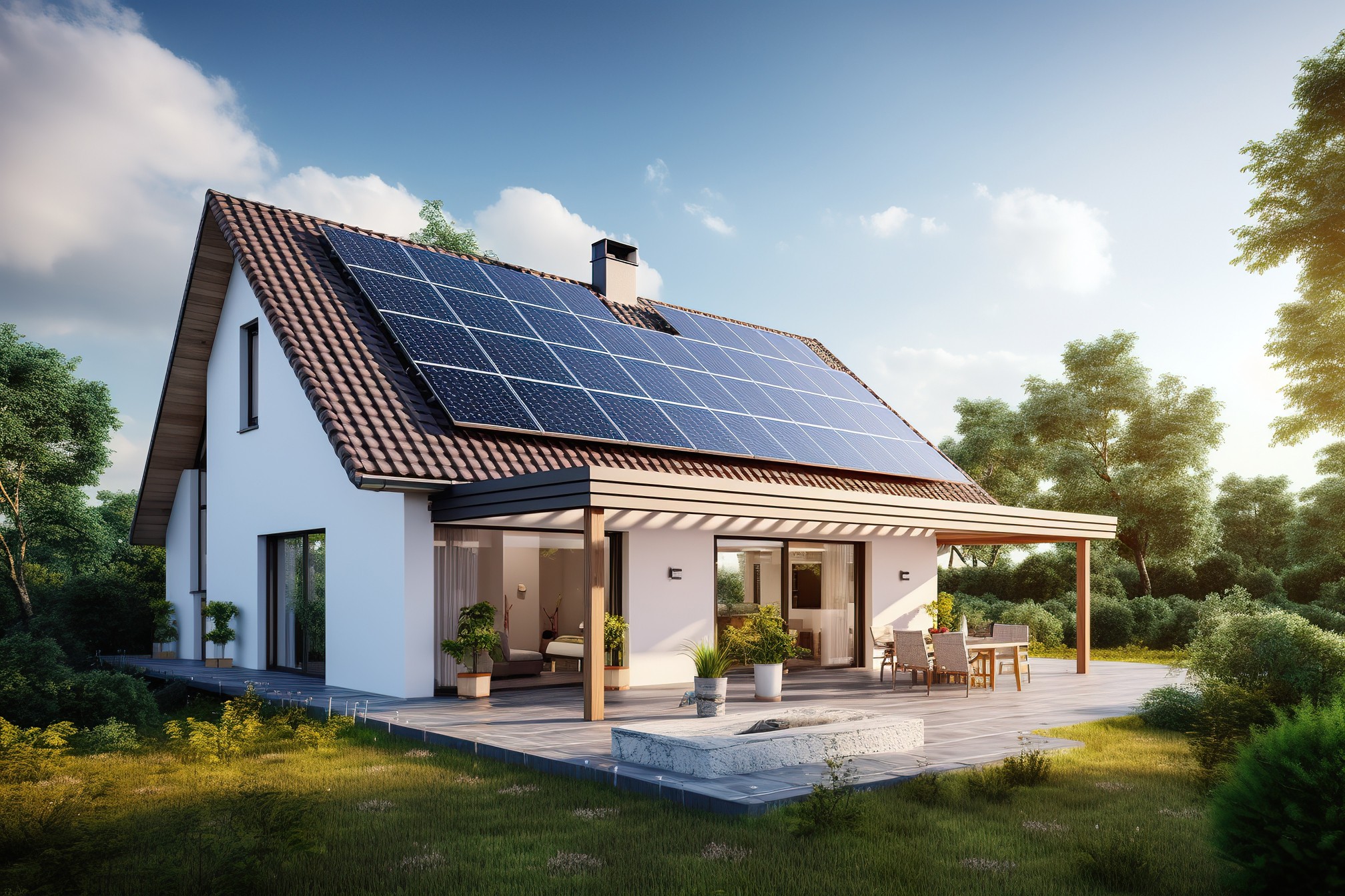 Solar panels installed on a modern house roof under sunlight