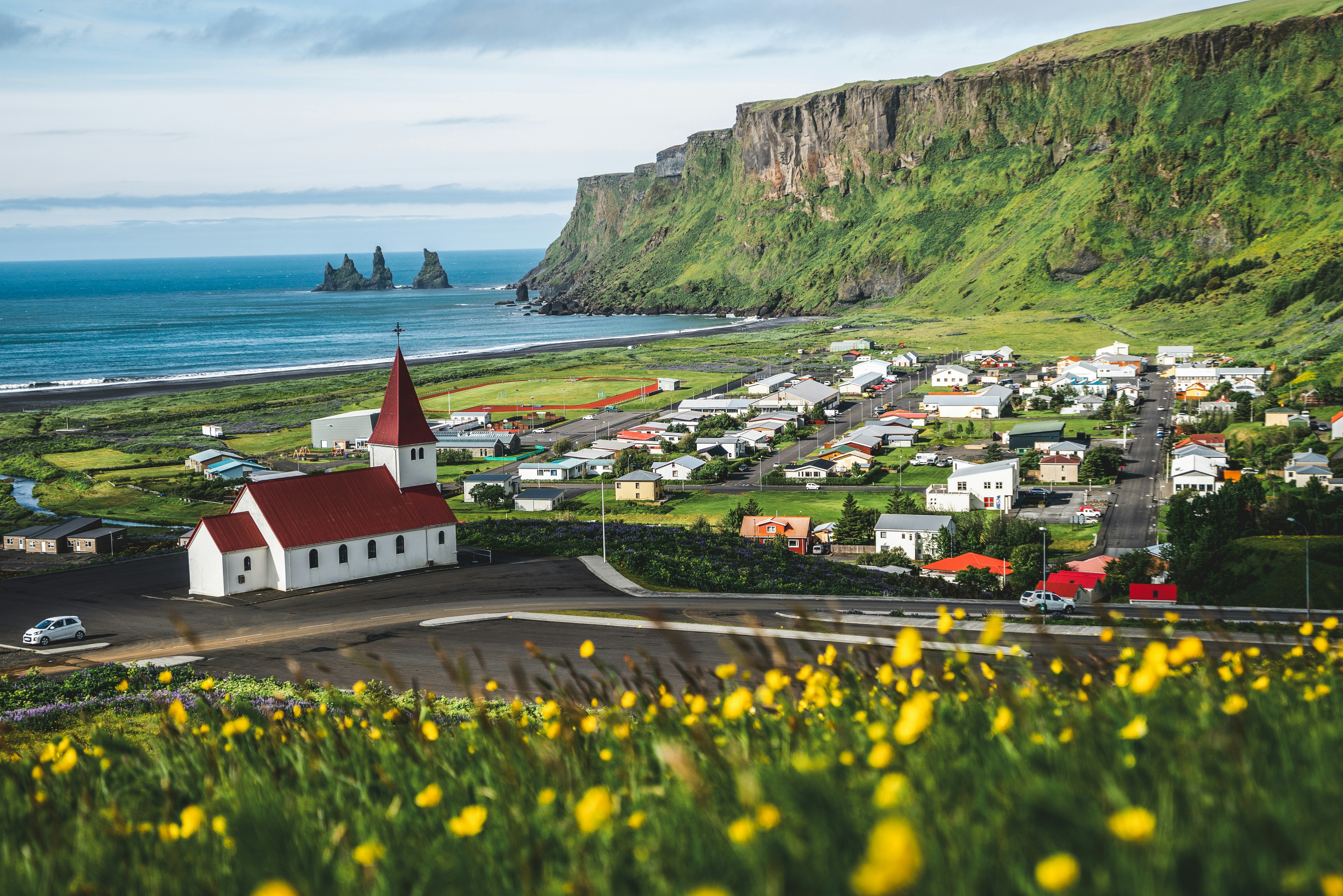 Vík town in summer with yellow wildflowers and the Reynisdrangar sea stacks in the distance.