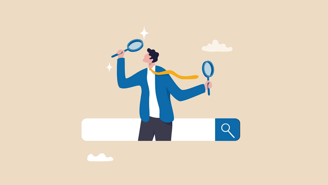 Man with magnifying glasses emerging from a search bar