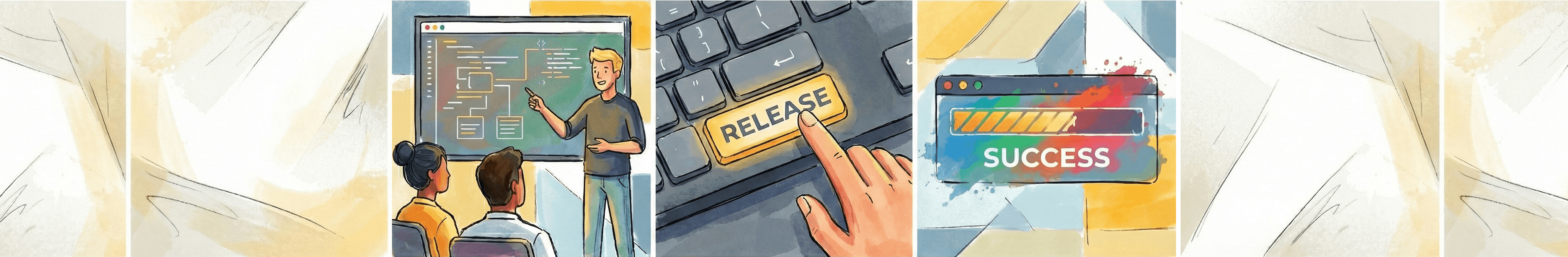 Comic strip representing Alex presenting, releasing, and succeeding.