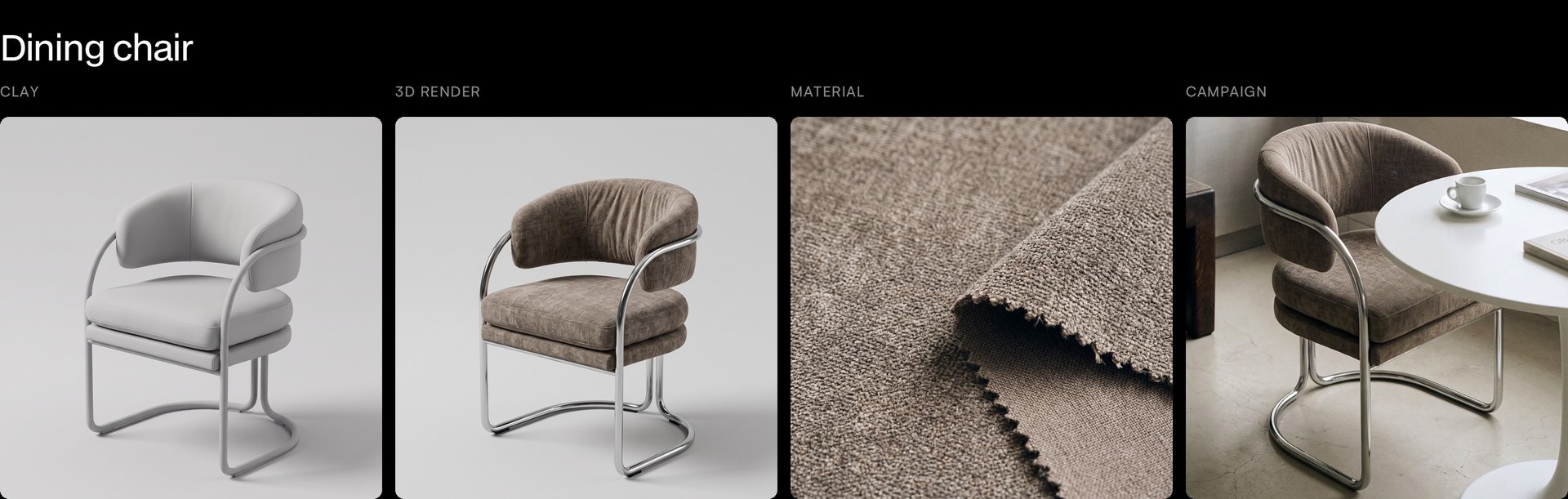 Carnela dining chair as clay render, 3D render, chenille close-up and campaign image