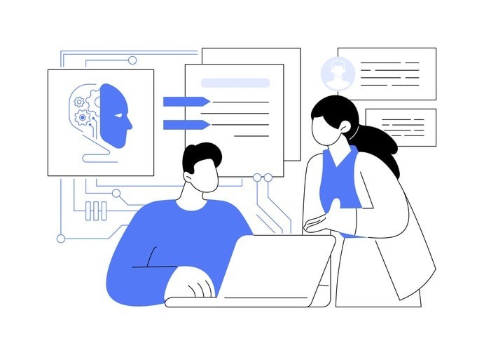 The image depicts a professional job interview setting where a candidate and an interviewer are engaged in a discussion about relevant skills and technical concepts, with a laptop open between them. The atmosphere conveys a focus on the candidate's previous job experiences and how they align with the company's goals and culture.