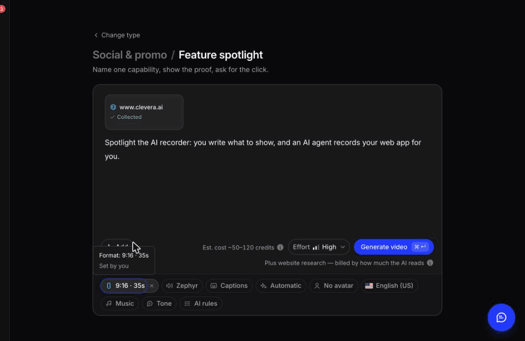 Social & promo, Feature spotlight: a website collected as source material plus a one-line brief, before generating
