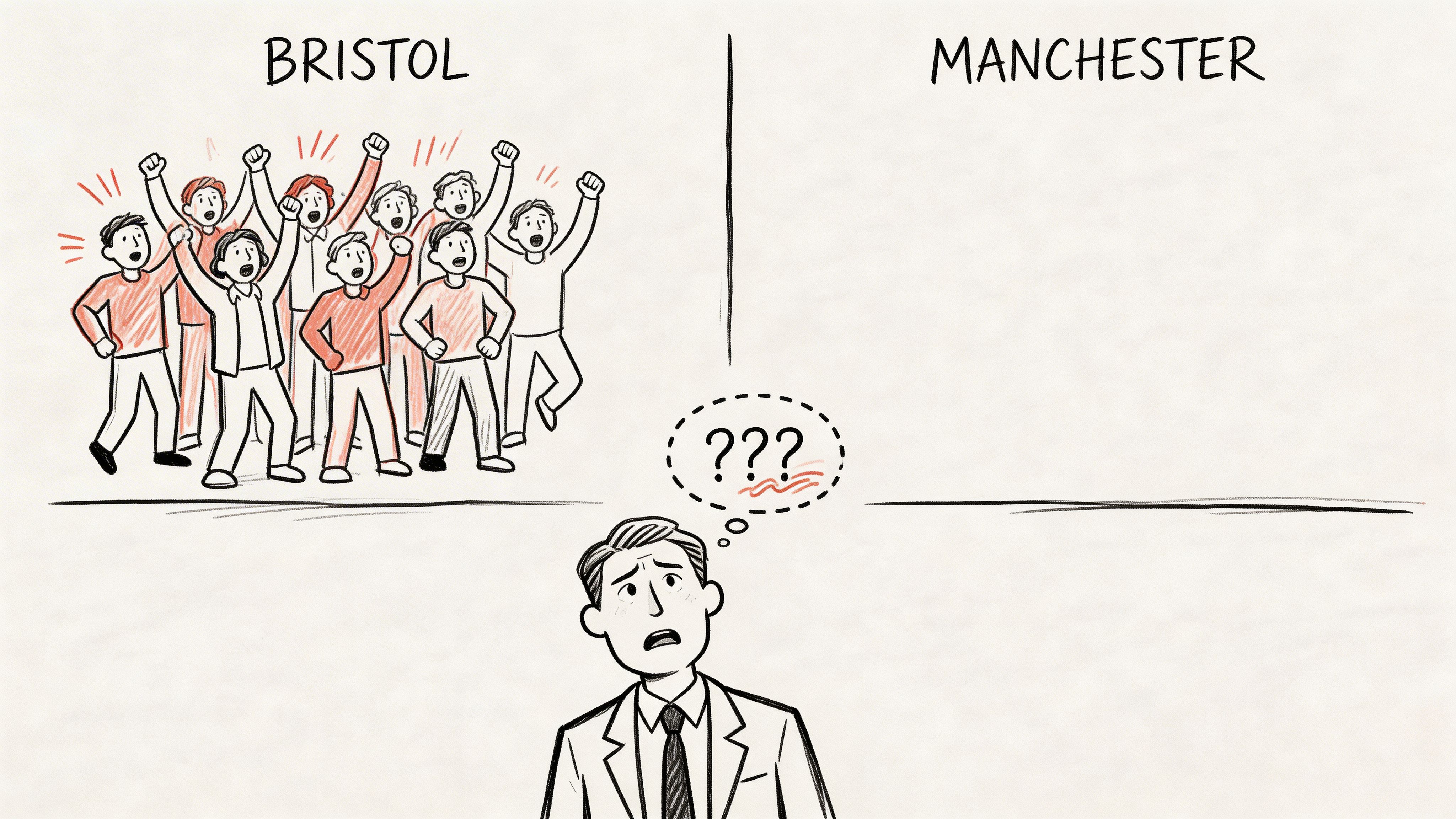 A professional man looking confused at a stark contrast between a lively crowd in Bristol and emptiness in Manchester.
