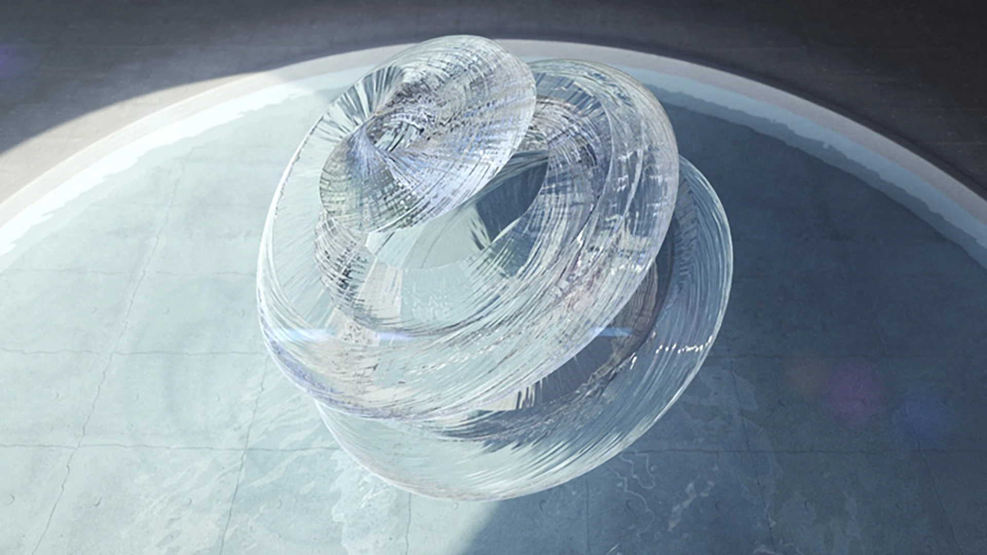 Pavilion by RAMS, elegant marketing gallery interior designed with sculptural lighting and panoramic glass walls, creating an immersive architectural experience that merges sophistication with brand storytelling.