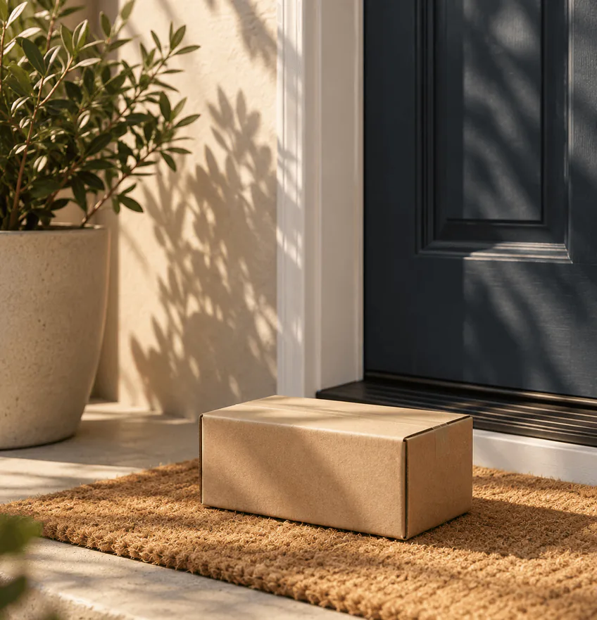A plain kraft box on a doormat outside a front door in sunlight