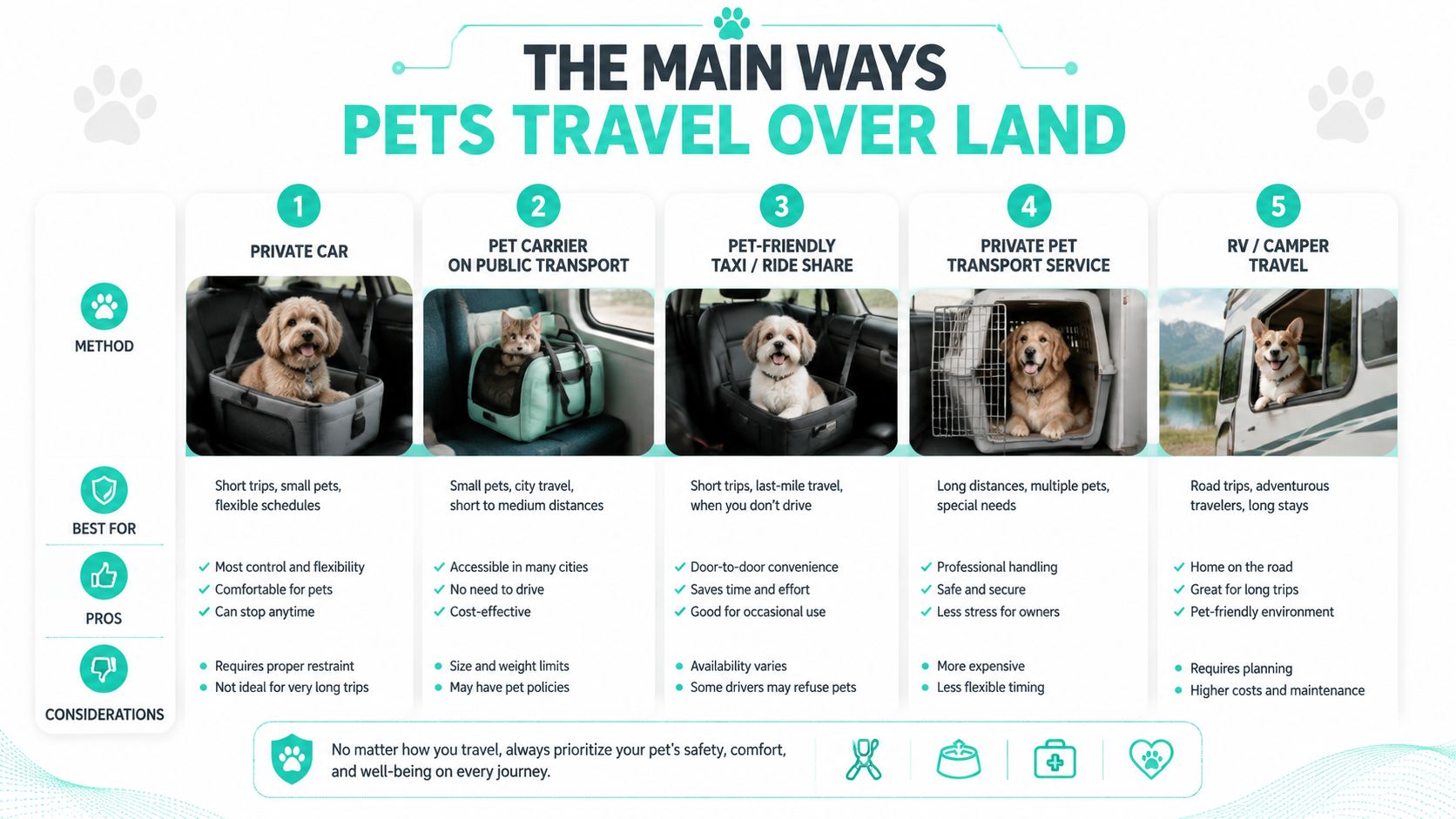 An infographic showing five different land travel methods for pets, including cars, public transport, and RVs.