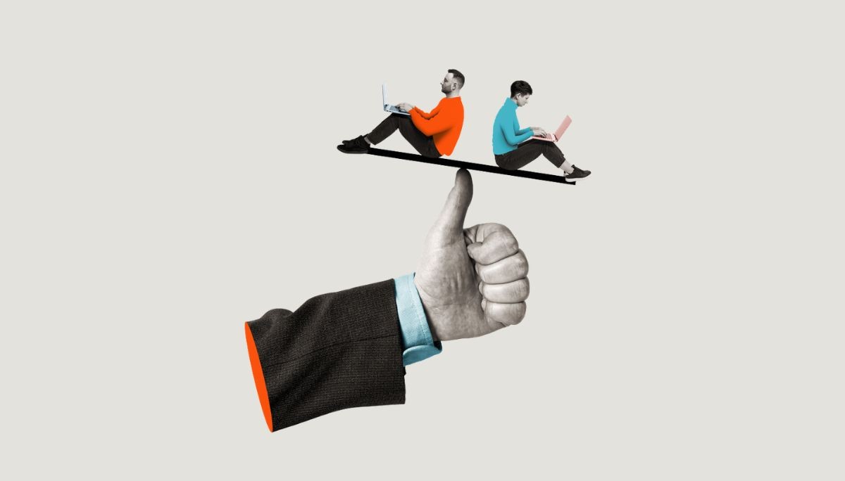 Surreal illustration of two people sitting back‑to‑back on laptops balanced on a hand, symbolizing virtual interview etiquette and first impressions.