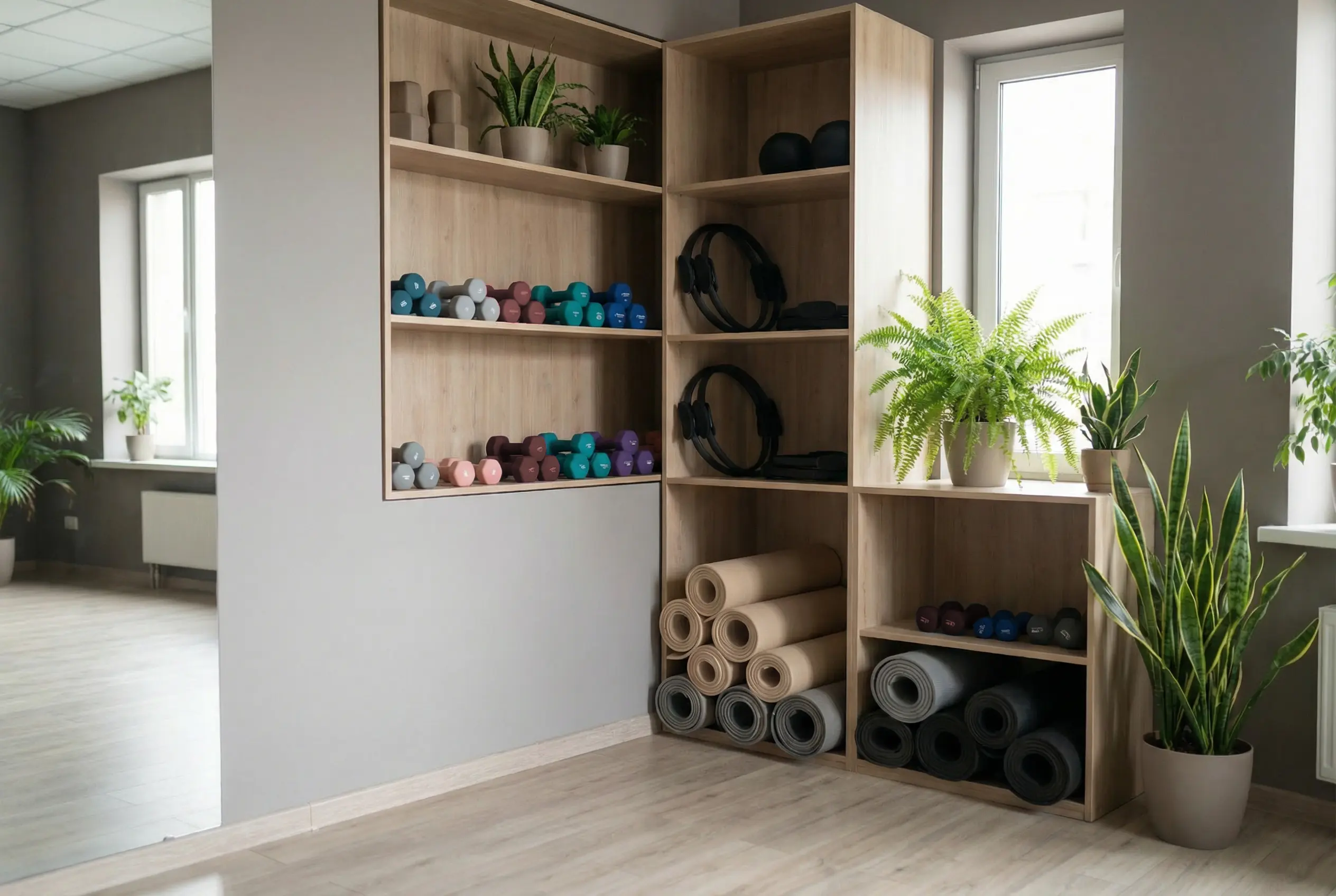 a corner of a pilates studio room with shelves filled with equipments such as dumbbells and yoga mats