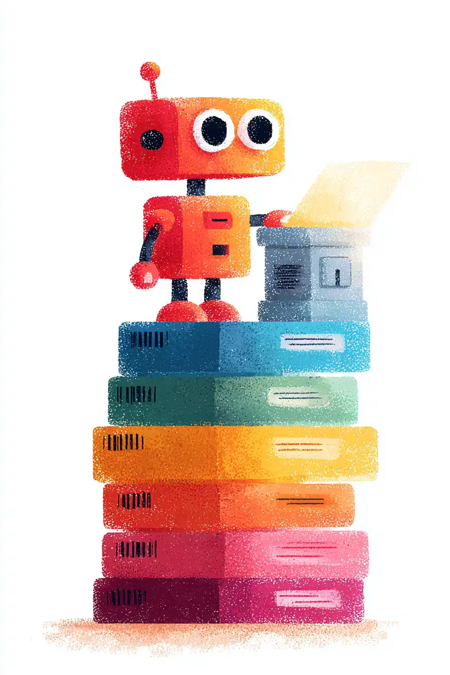 Textured editorial illustration of a cheerful cartoon robot perched atop a tall stack of colorful books, reading an open document.