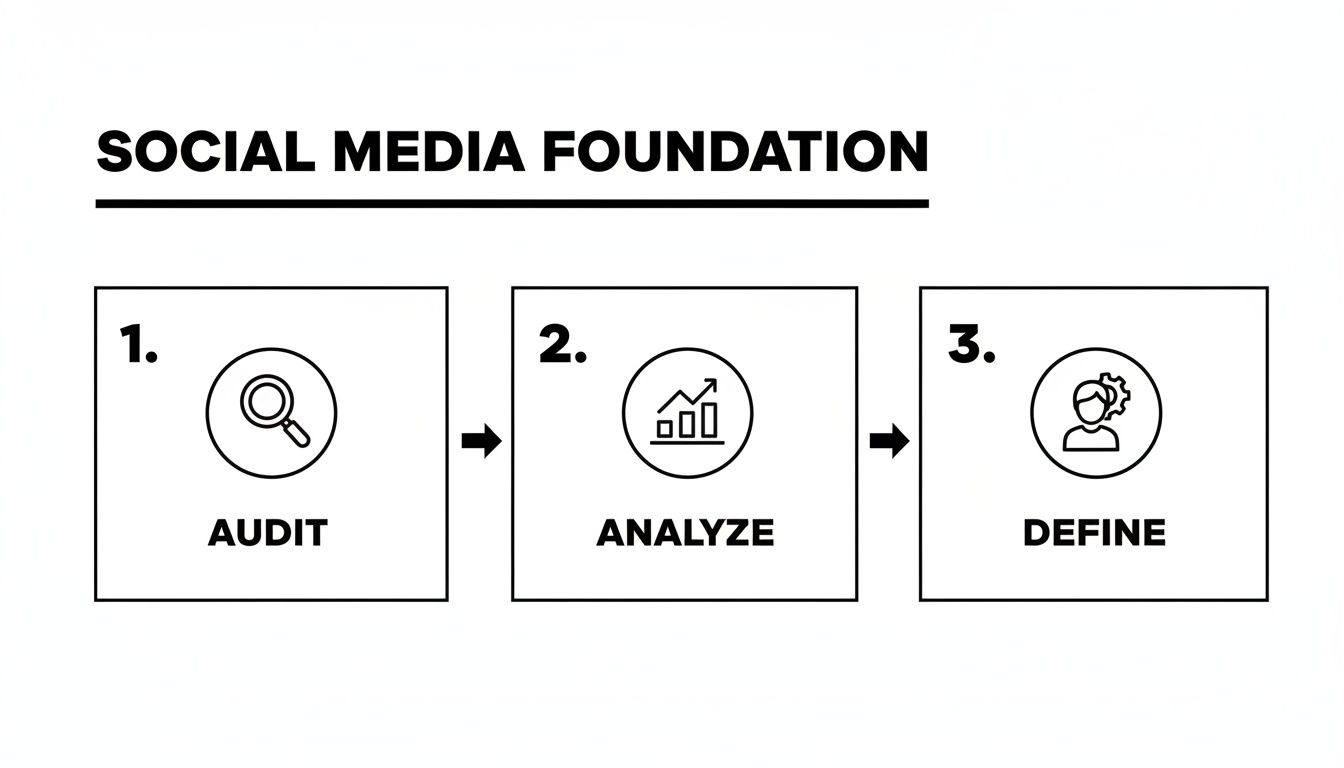 A three-step social media foundation process with icons for Audit, Analyze, and Define.