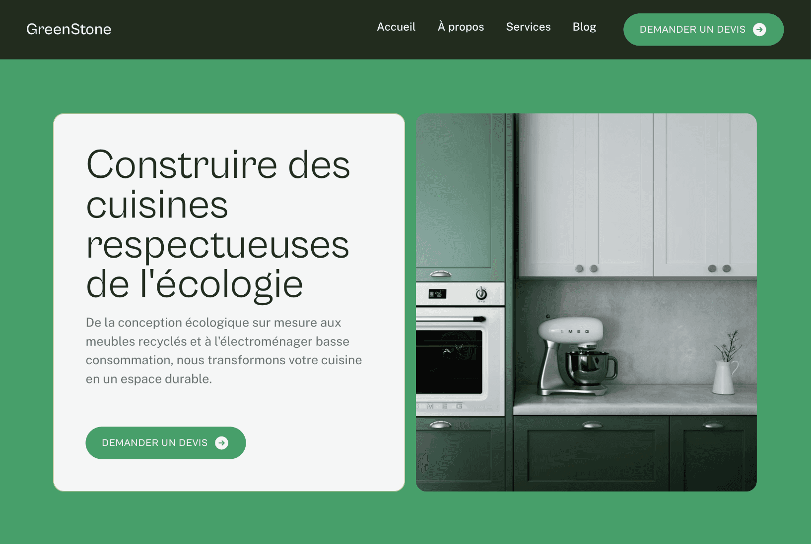 Maquette site GreenStone cuisines écologiques par Weby Studio. Design vert moderne optimisé pour la demande de devis.