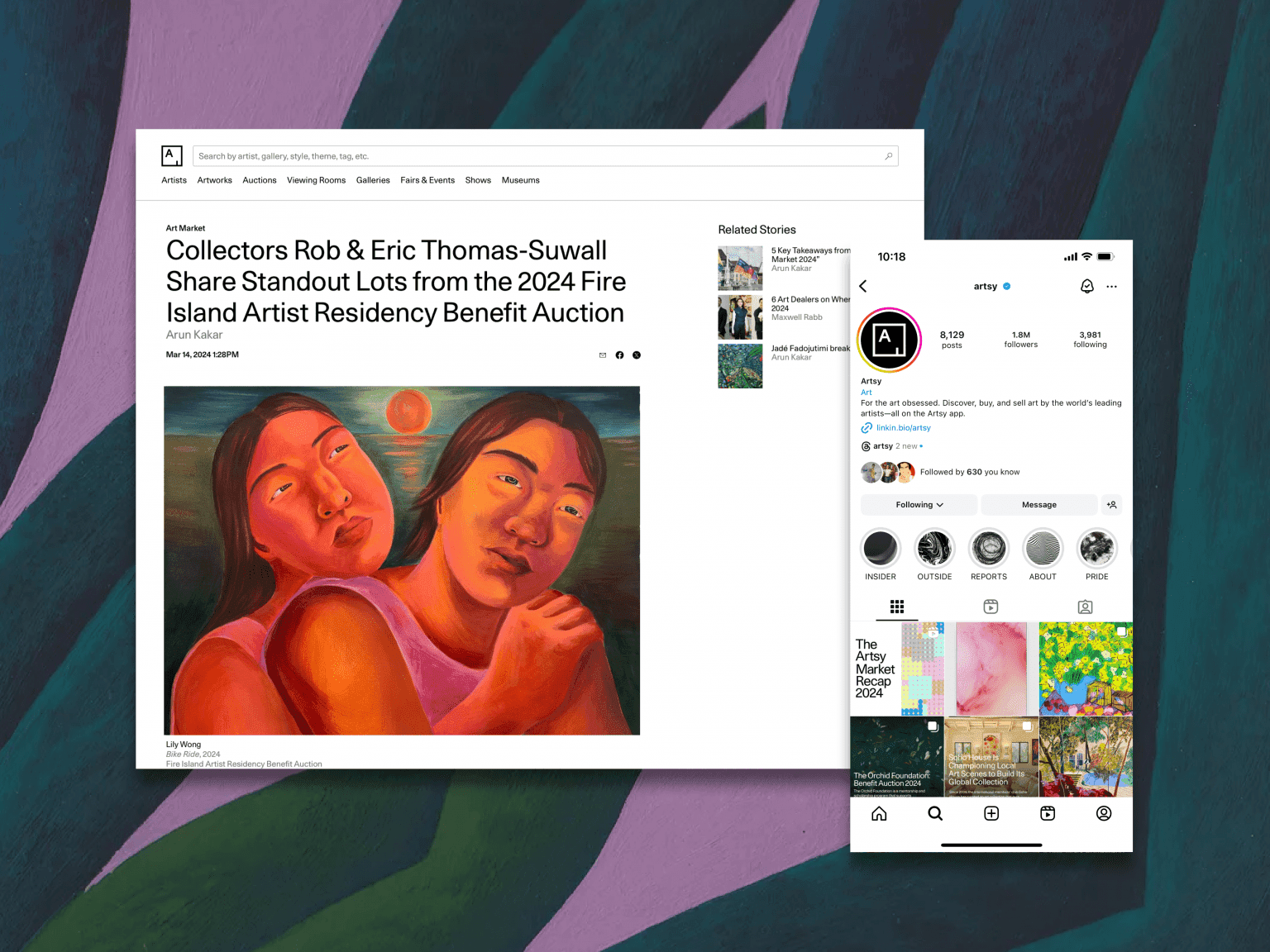 Artsy auction page featuring artwork and collector engagement on web and Instagram