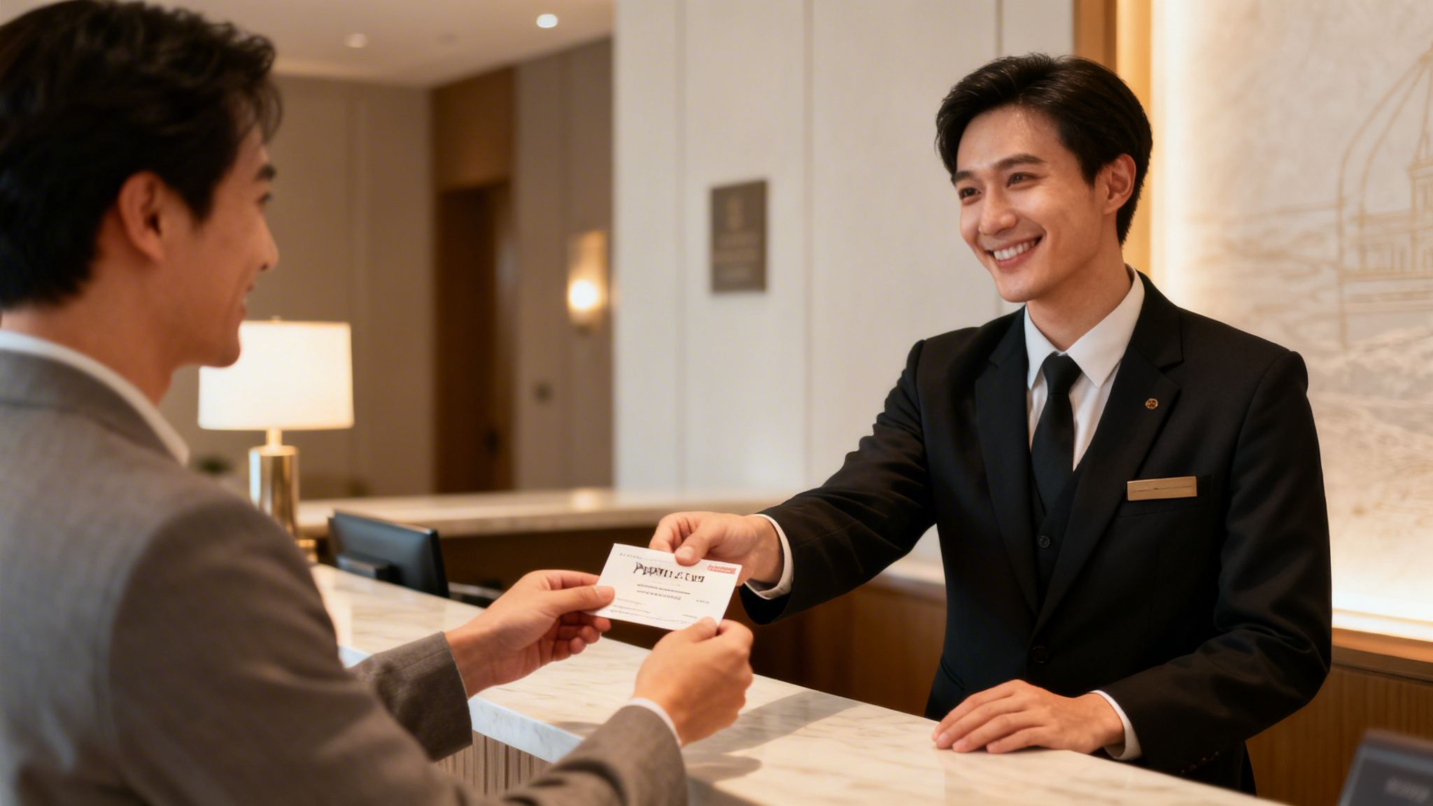A smiling hotel staff member hands a key card to a smiling guest at a reception desk.