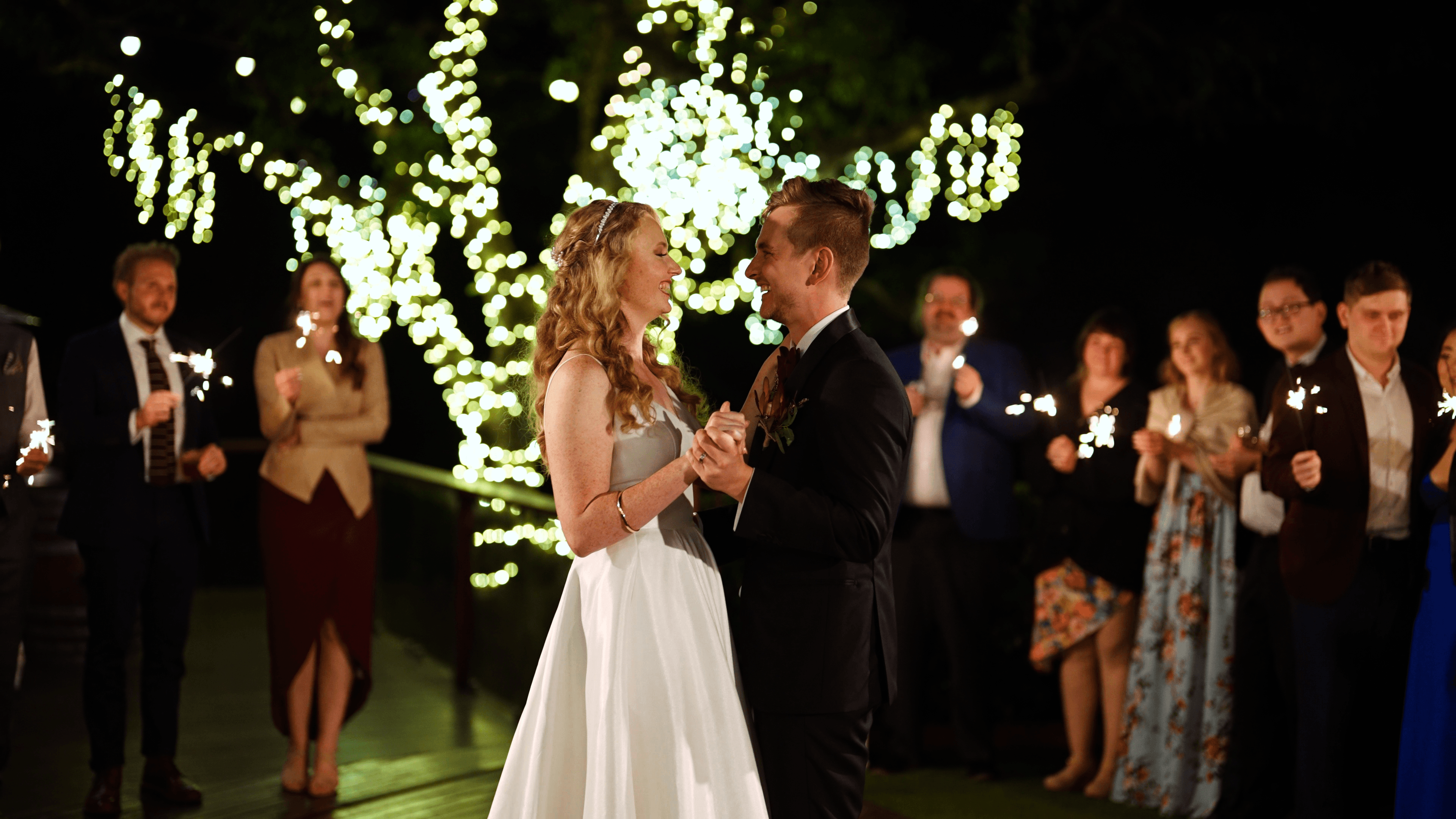 Katie & Michael having their first dance under the fairy lights at Austinvilla Estate in Austinville, Gold Coast hinterland.