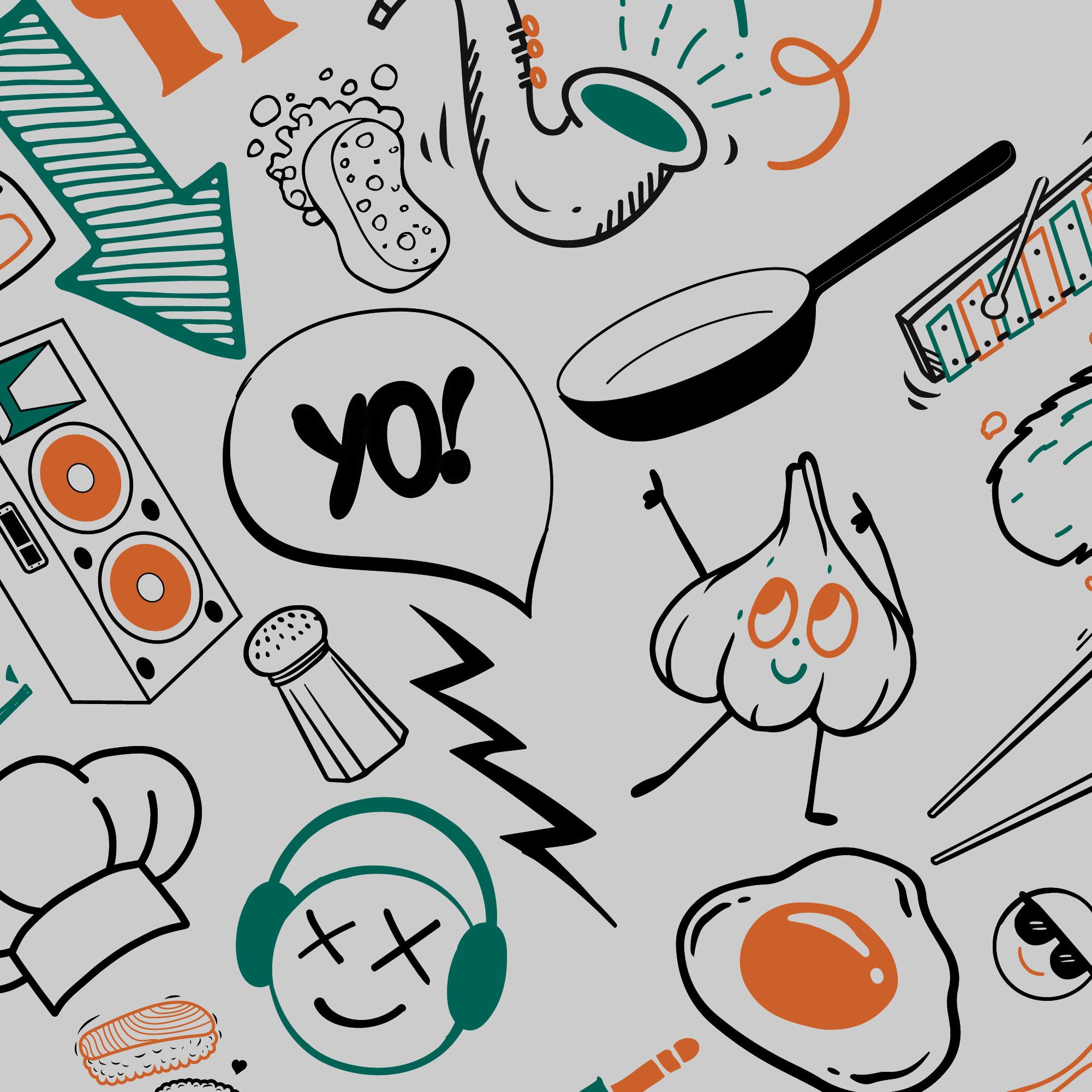 Quirky illustrations depicting pan garlic saxophone arroe egg speakers