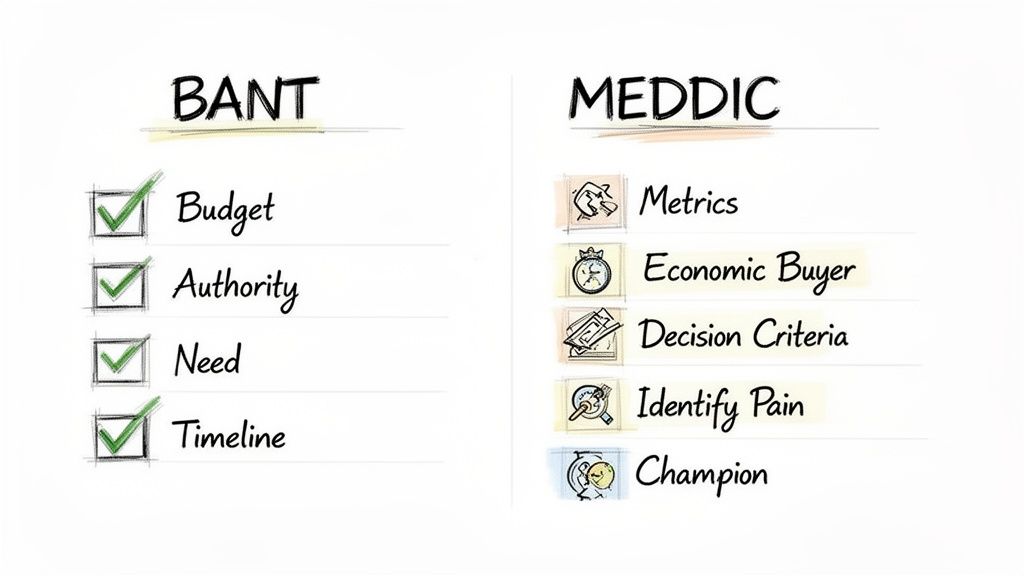Visual comparison of BANT and MEDDIC sales qualification methodologies with their respective criteria and icons.