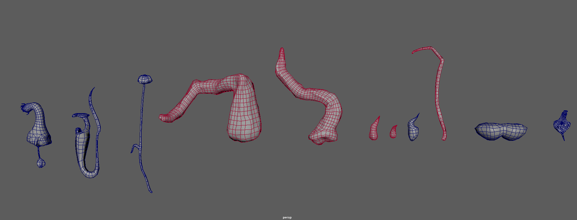 Wireframe overview of multiple Ilythis plant assets, showing their topology and grouping into texture sets.
