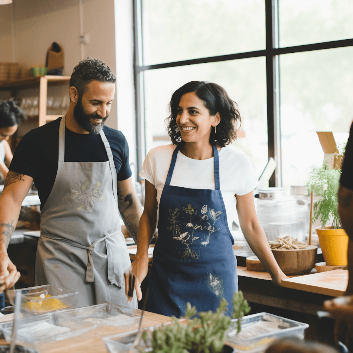 man and woman standing in front of gas range