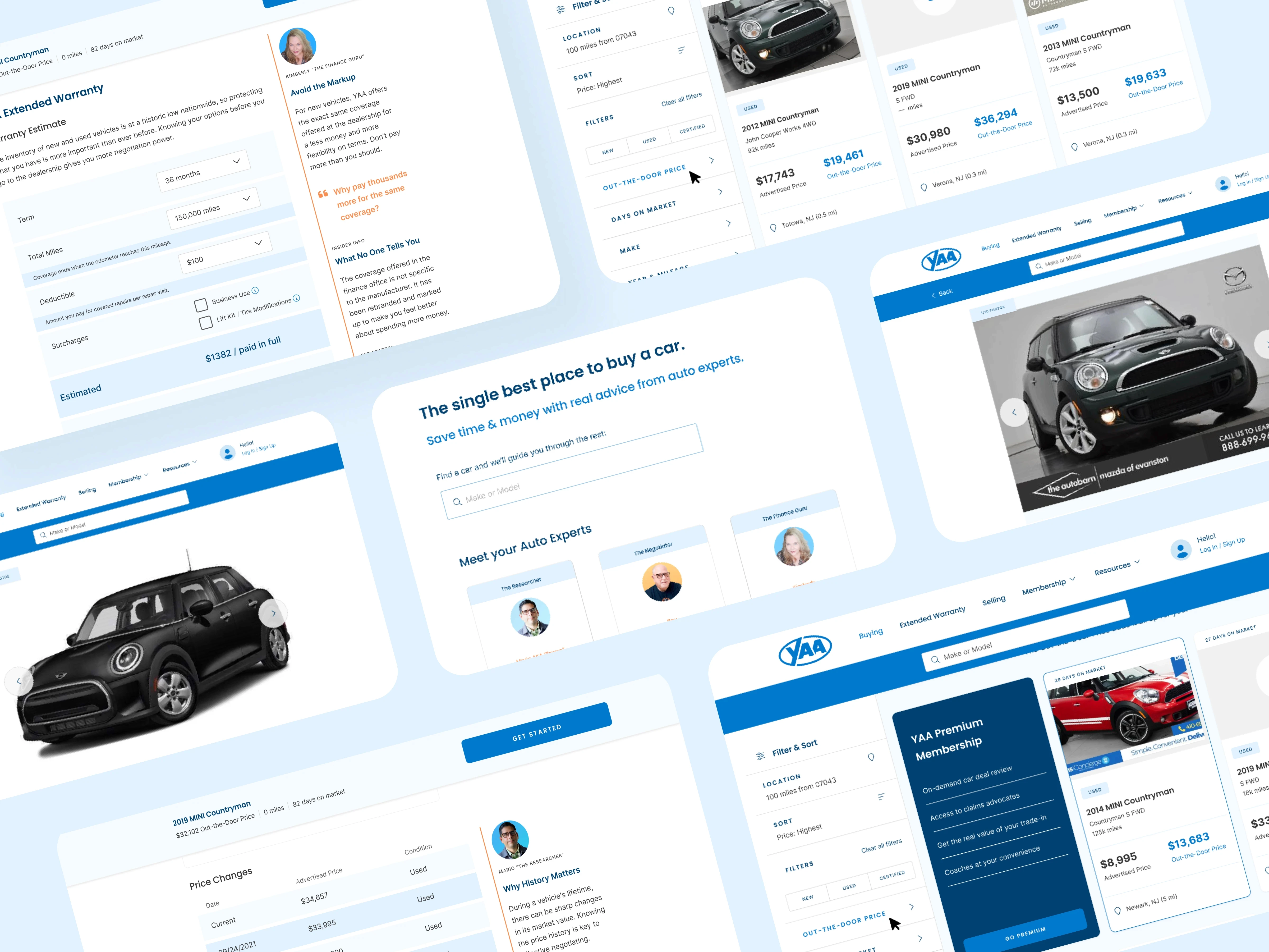  A series of car search web pages featuring vehicle search options, expert advice, and warranty information.