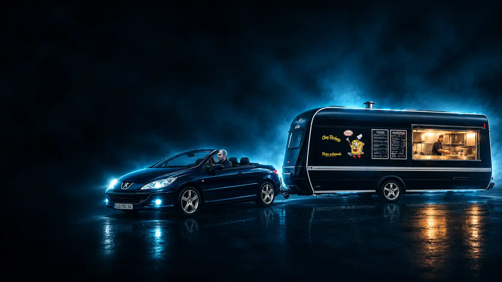 Sur un fond noir , le food truck la toré pizza est tracté par la voiture 307cc d'Anthony le pizzaiolo à la toré pizza, un effet bleuté est autour de la voiture.
