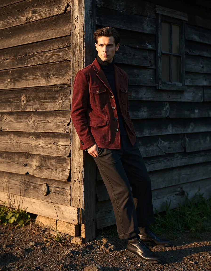 Man in burgundy jacket and black turtleneck posing against rustic wooden barn in golden hour light