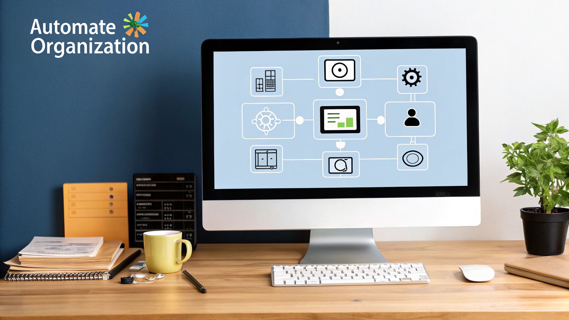 A person using a laptop with automated file management software showing icons for tagging, classifying, and routing files.