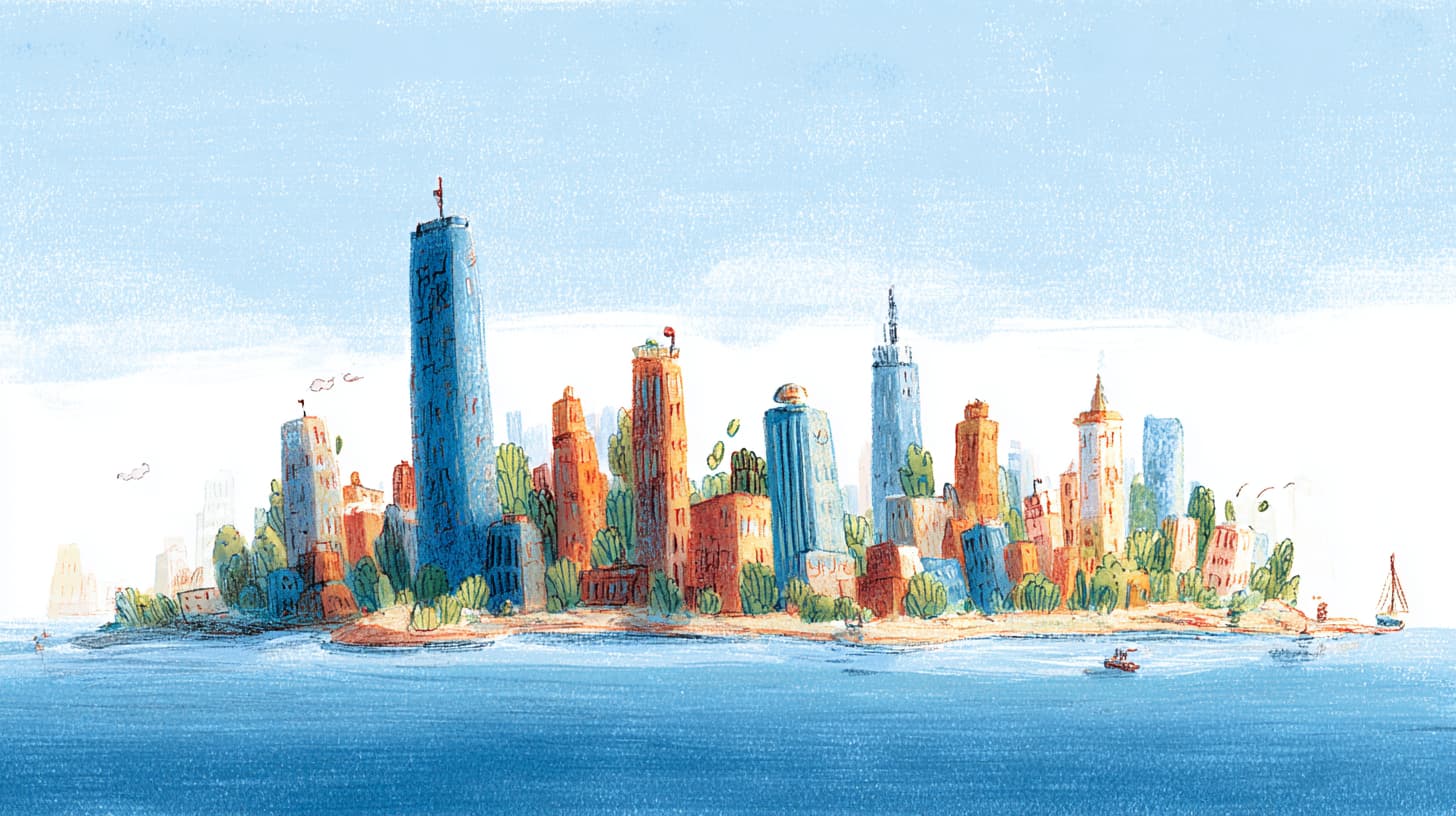 Künstlerische Darstellung einer kleinen Stadt auf einem Hügel mit einer gewundenen Straße und Bäumen