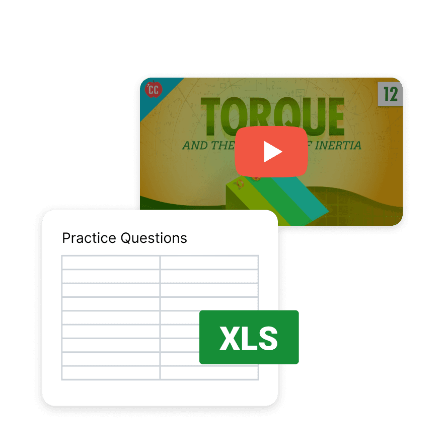 Educational resources being uploaded including a physics CrashCourse video titled 'TORQUE AND LAW OF INERTIA', and a downloadable Excel spreadsheet labeled 'Practice Questions' below.