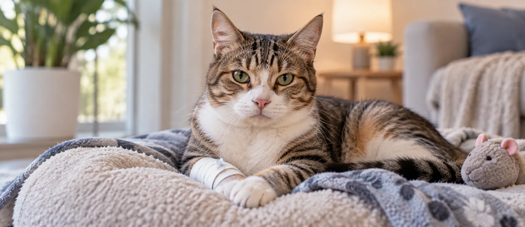 A tabby cat rests on a bed with a bandaged paw.