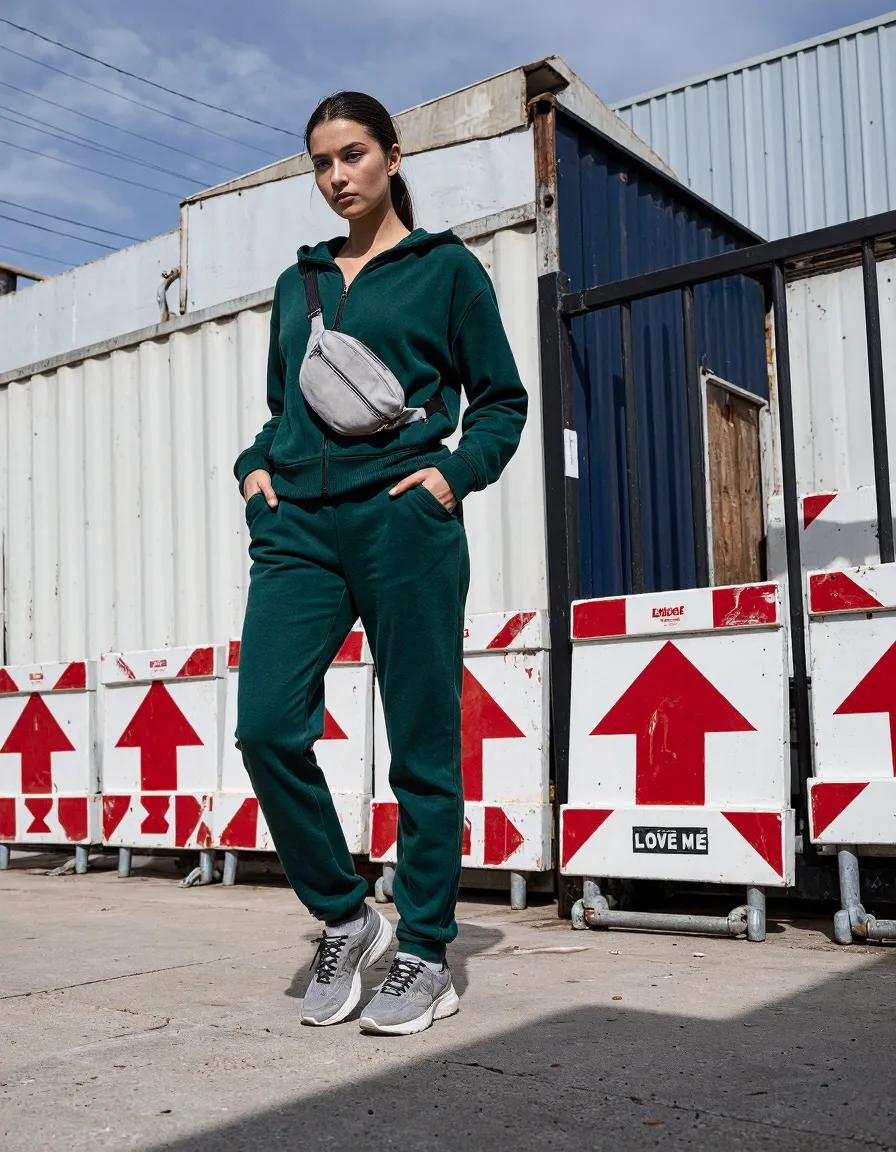 Fashion photography featuring a deep green tracksuit ensemble with gray sneakers and belt bag against an industrial urban backdrop