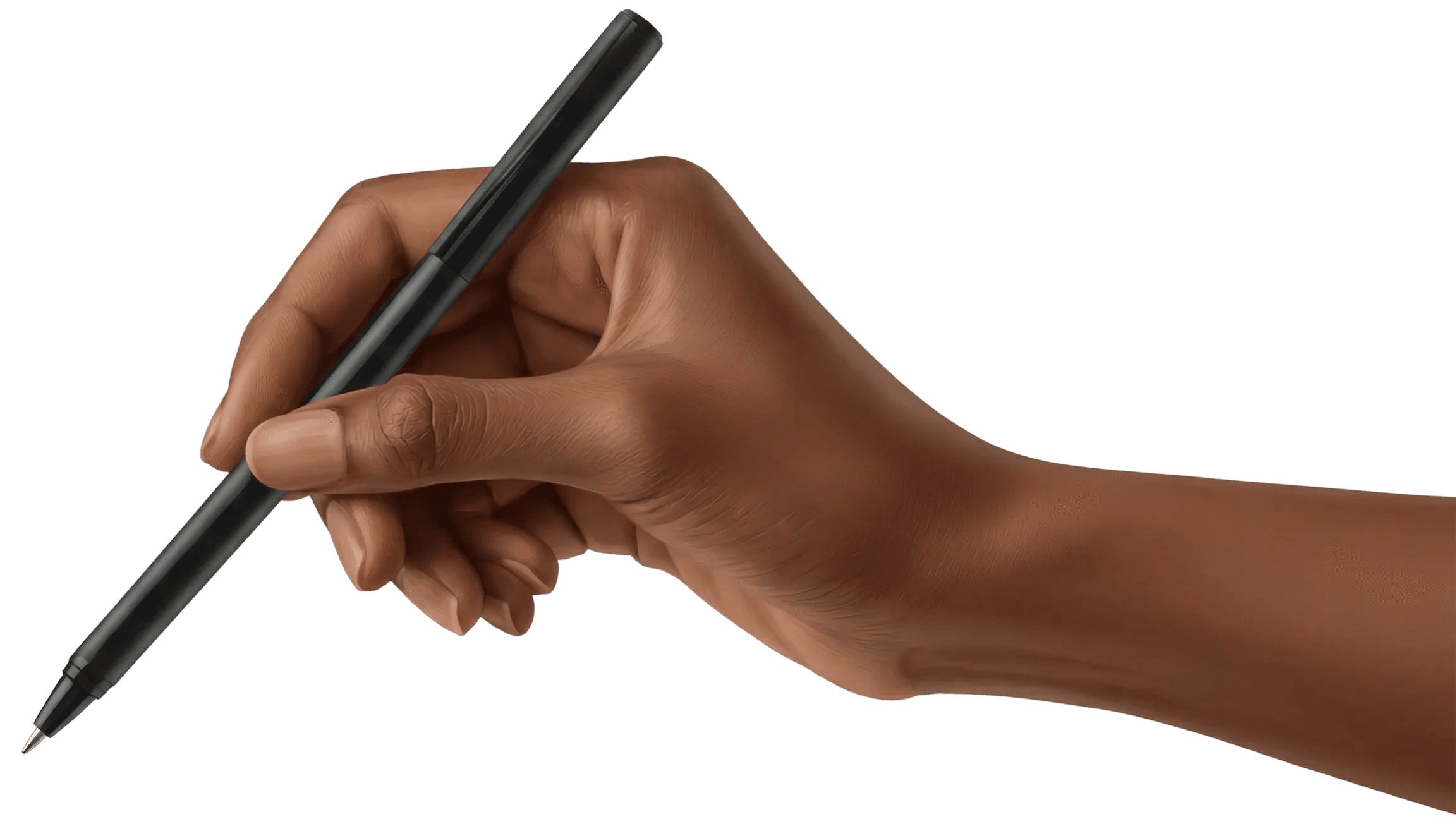 A hand holding a black pen, poised to write or draw on a surface.