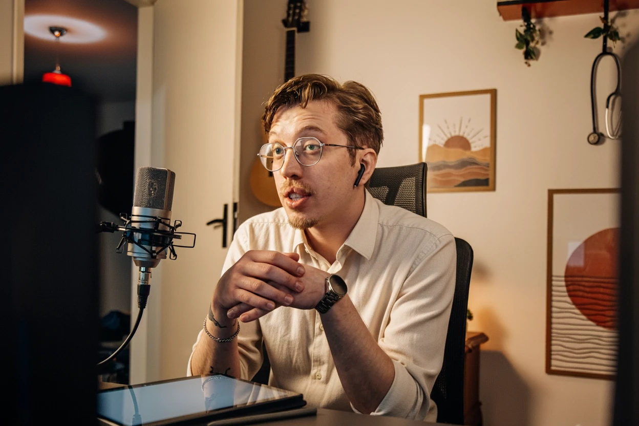 Homem de óculos e fone de ouvido sem fio, usando camisa clara e falando em um microfone profissional. Ele está sentado em uma mesa com um tablet, em um escritório doméstico com violão, quadros de arte e um estetoscópio pendurado ao fundo.