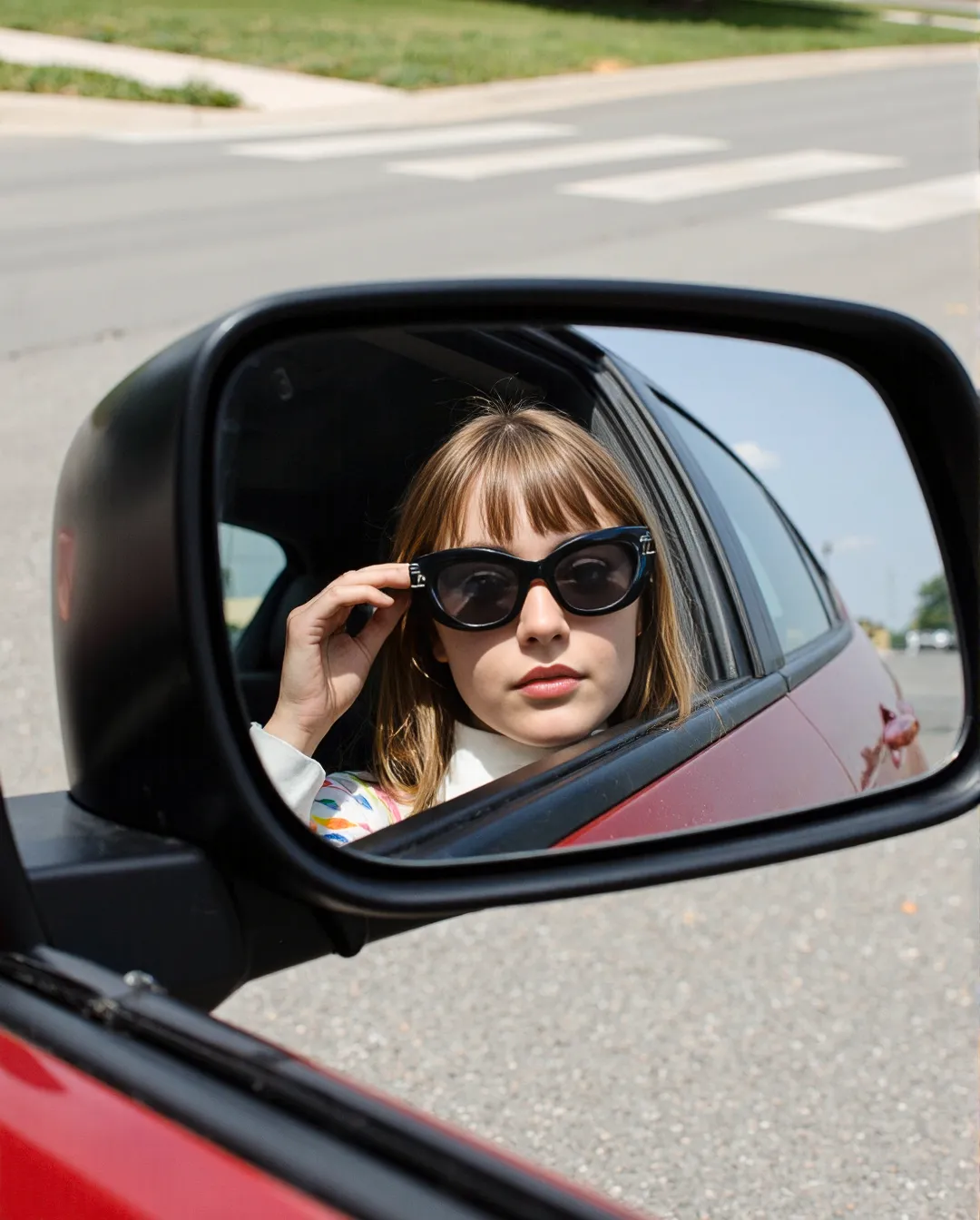 Car side mirror reflection showing a stylish person wearing cat-eye sunglasses in a red vehicle, urban street setting in background