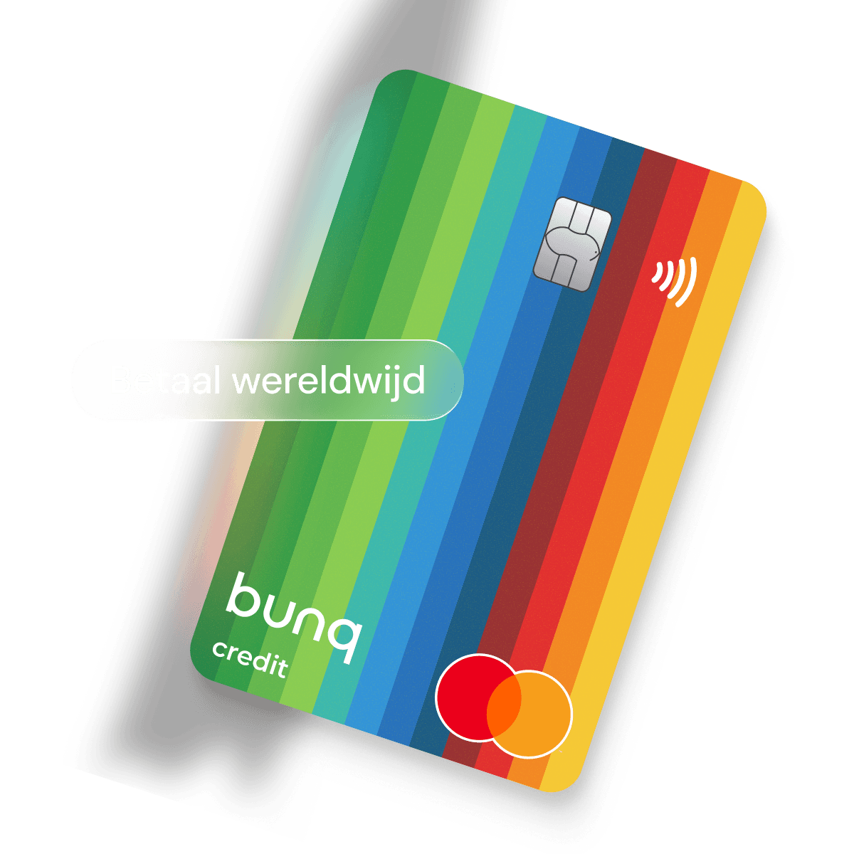 Een hand die meerdere kleurrijke creditcards vasthoudt, omgeven door abstracte vormen en munten.