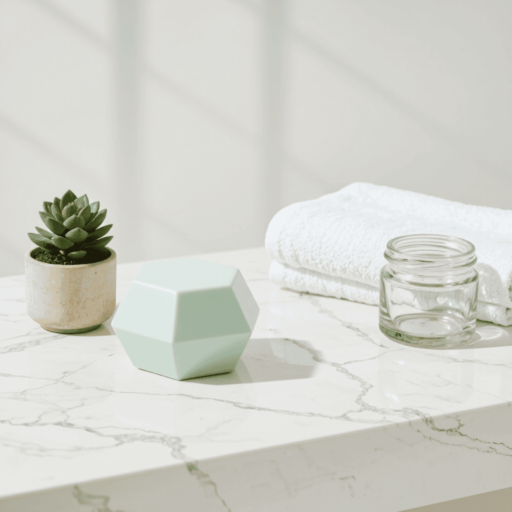 product photography of a hexagonal shape in a light green color