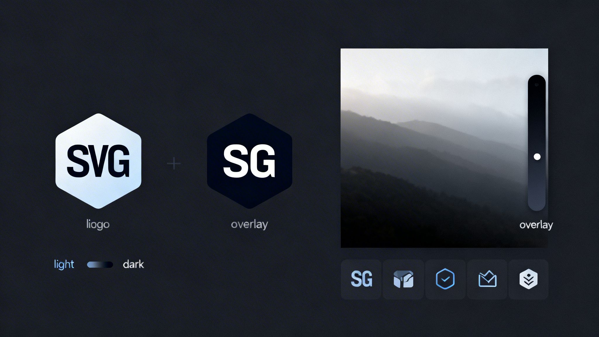 Dark themed interface showcasing hexagonal logos, a light/dark mode switch, a vertical slider, and various icons.