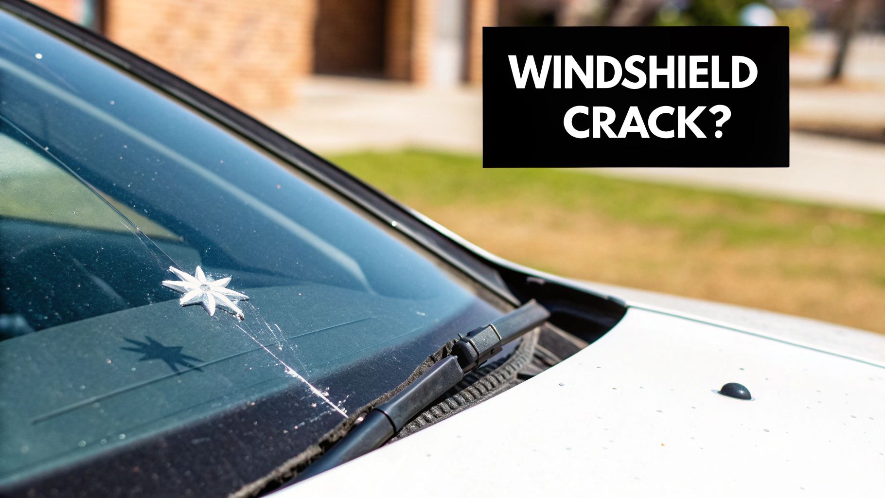 Cracked car windshield with a person looking at the damage.