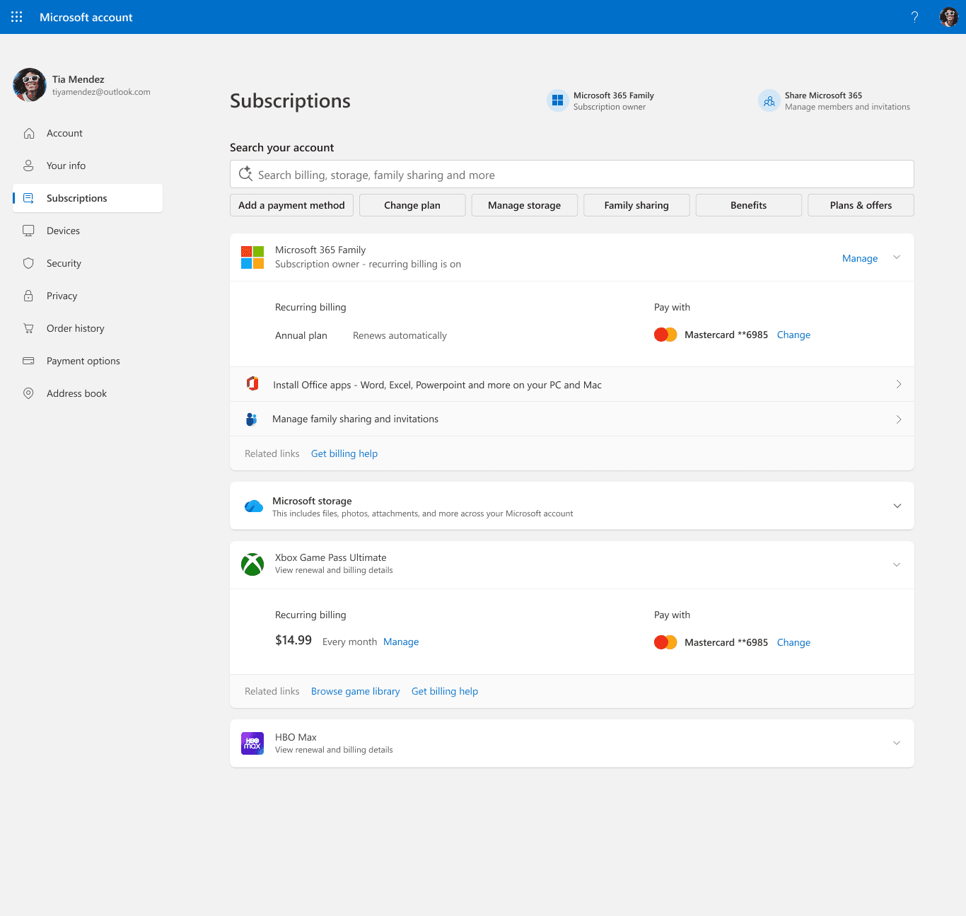 Subscriptions page with a search bar and topic buttons.
