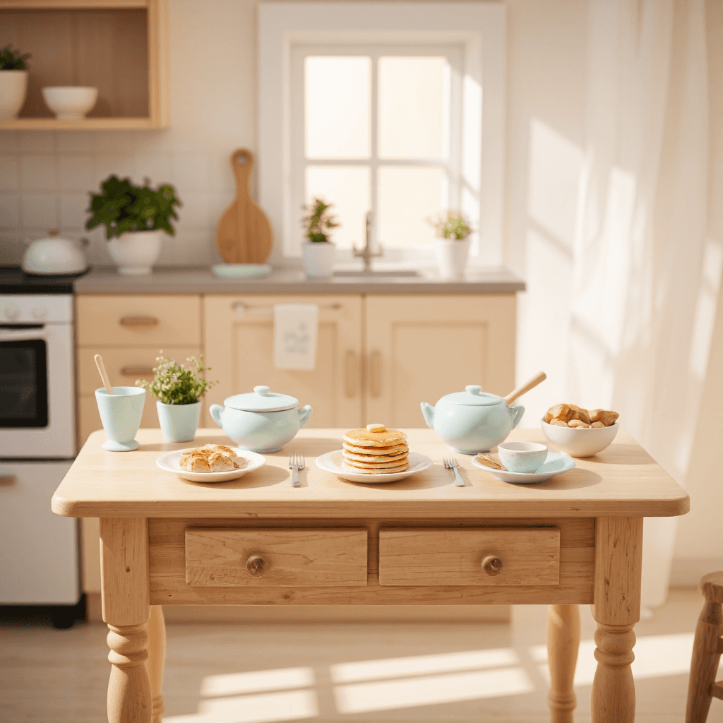 product photography of miniature table, pancakes, fork, and snacks