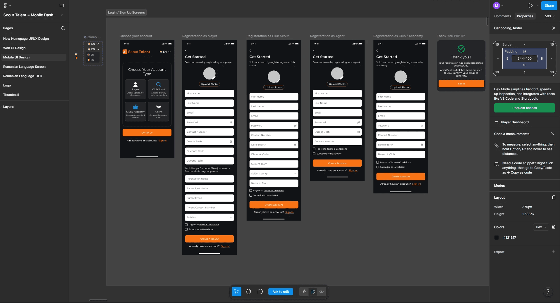 A design interface displaying multiple mobile app screens with a dark background and orange accents.