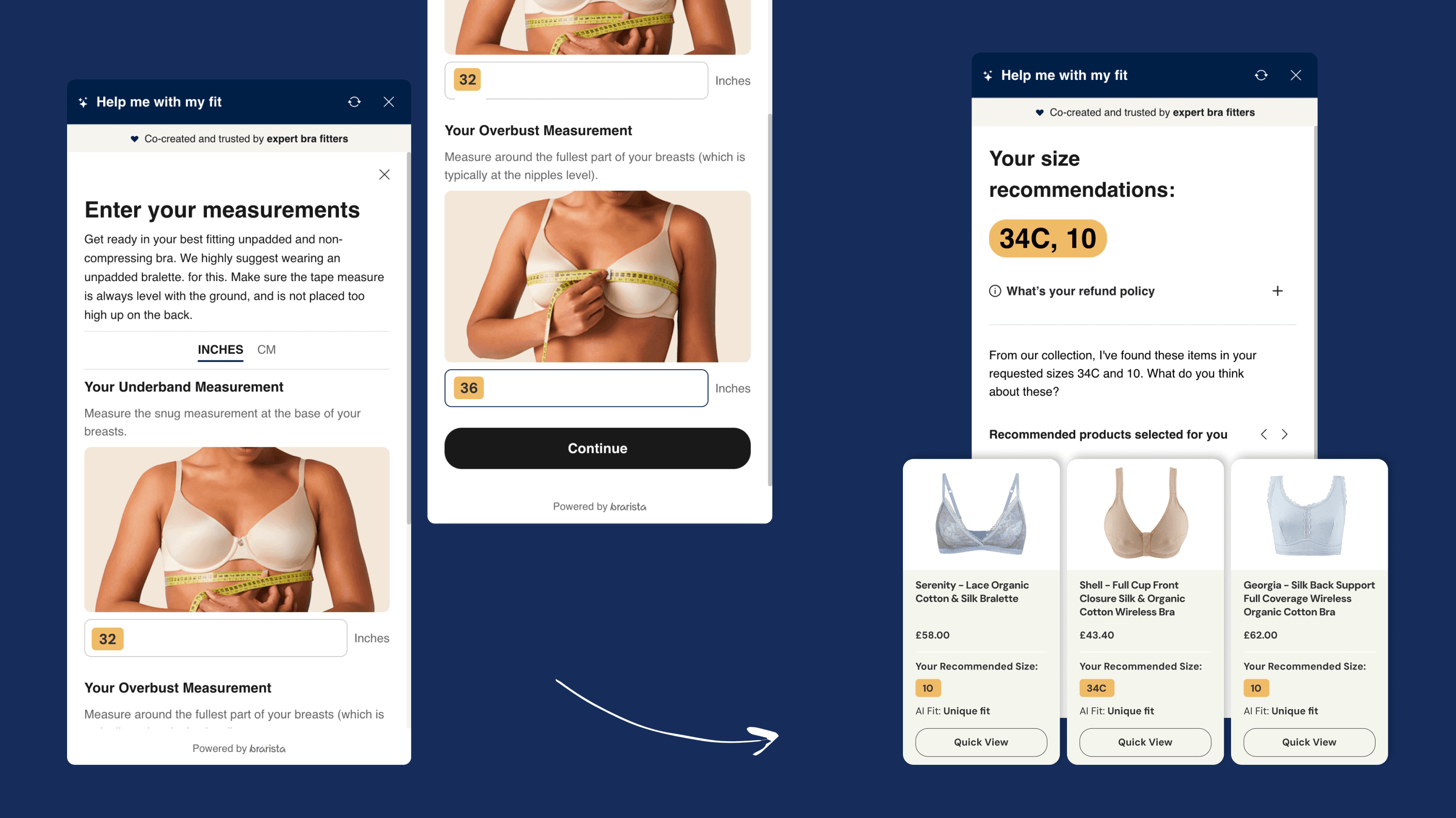 Brarista's tape measurement quiz on the Juliemay product page, showing the measurement input screen and personalised size recommendation results screen Caption: Brarista's tape measurement quiz on a Juliemay product page.