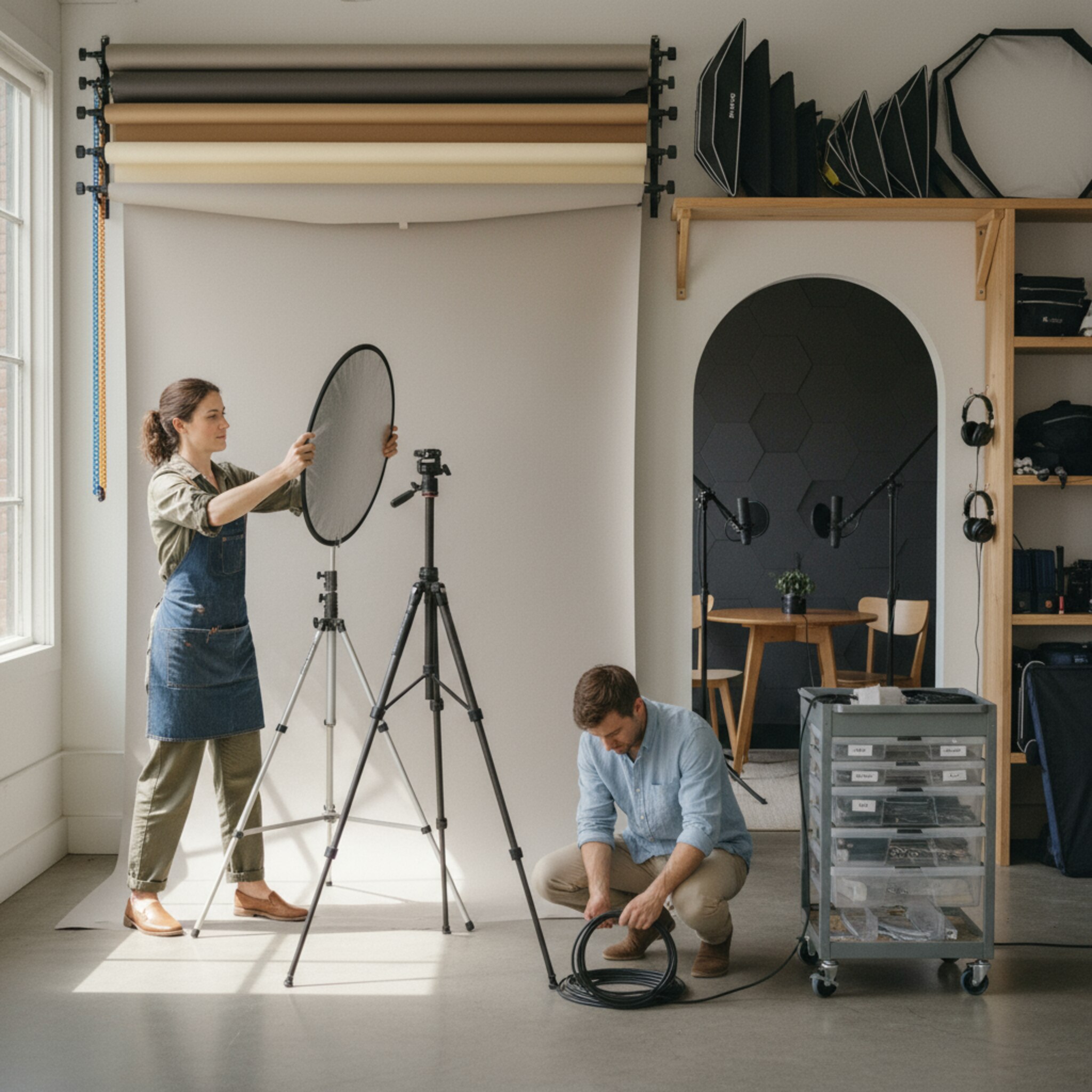 Ein Fotostudio mit weichem Licht zeigt ein aufgebautes Stativ, Rollhintergründe und ordentlich sortierte Lichtformer. Eine Producerin justiert behutsam ein Reflektorpanel, während ein Kollege Kabel in Schlaufen legt. Im Nebenraum wartet eine kleine Podcast-Booth mit zwei Mikrofonen und akustischen Absorbern. Die Szene vermittelt Fokus und Kreativ-Flow.