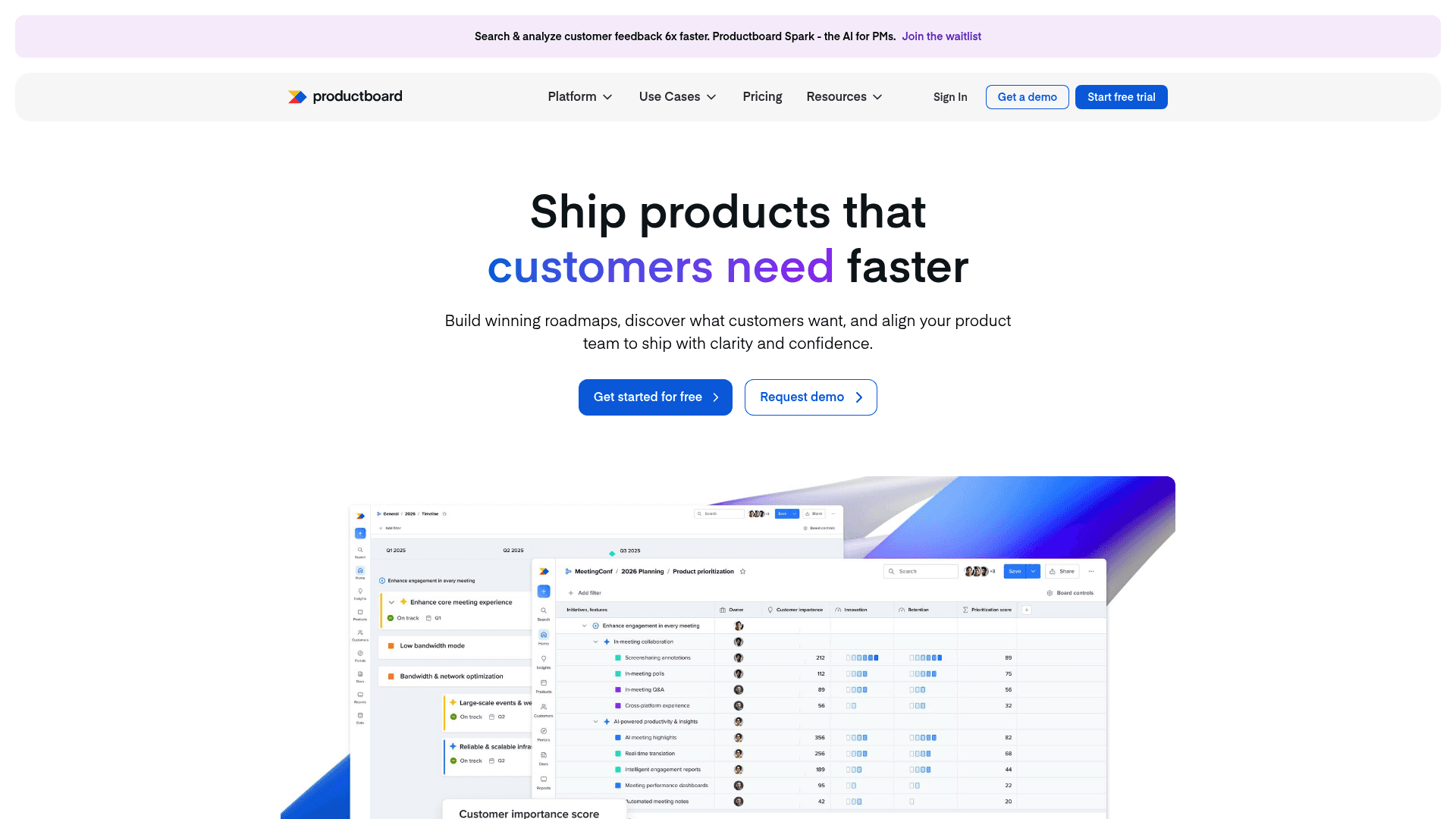 A screenshot of the Productboard homepage, a popular choice for B2B SaaS product platforms strategy roadmaps.