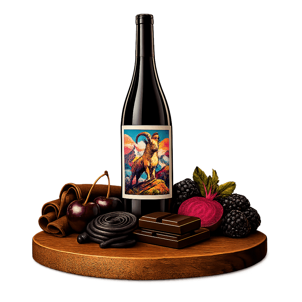 Artistic label and flavor profile for Russian Saperavi on a rustic wooden table.