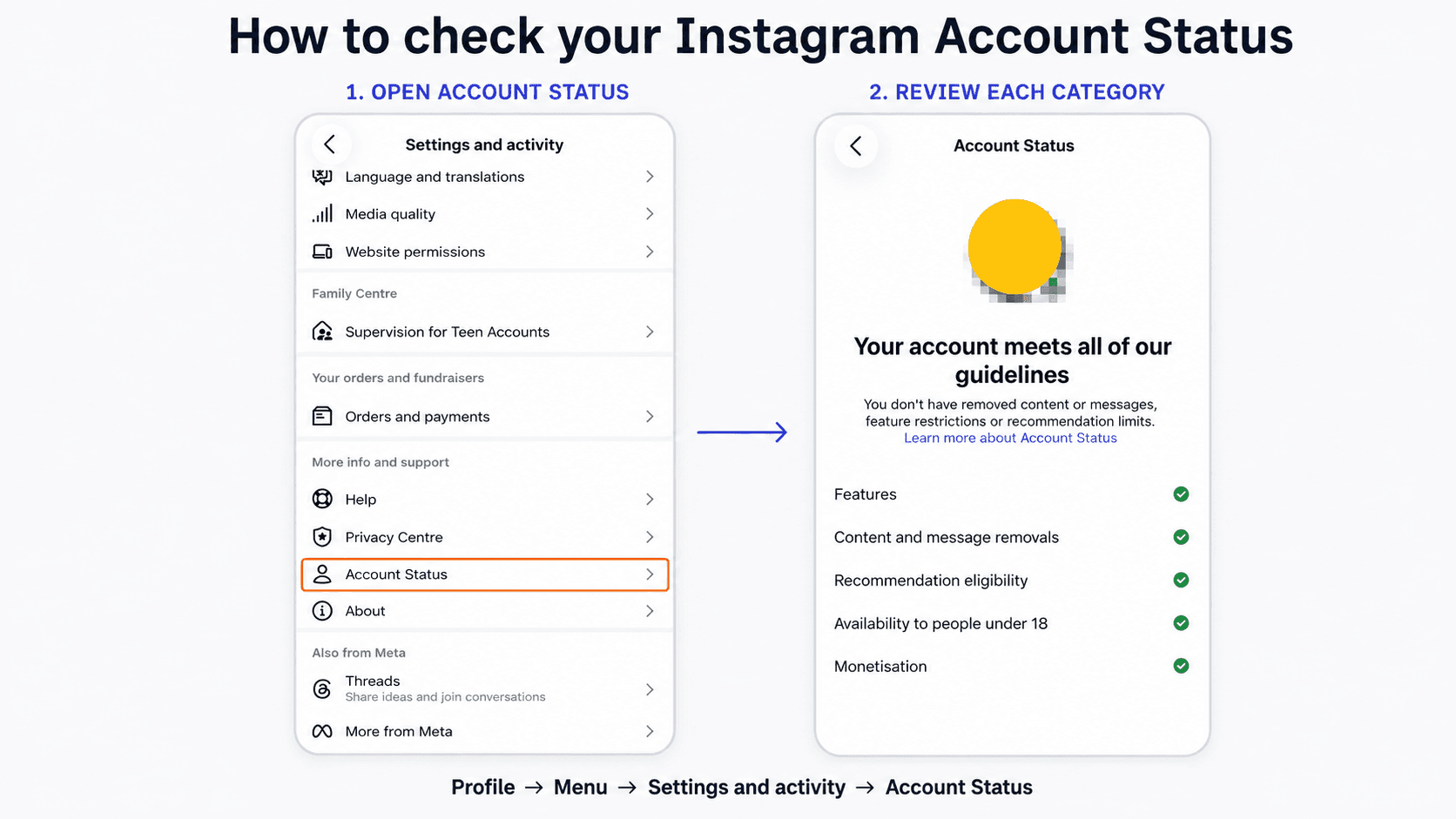 How to open and review Instagram Account Status