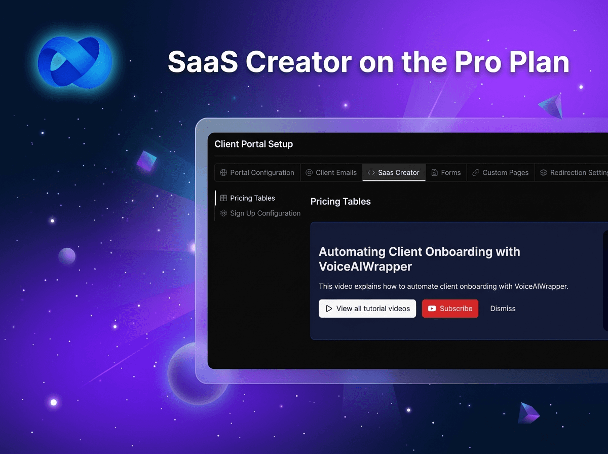 ROI from voice AI agents split feature with Pro plan SaaS Creator generating branded portal AI assistant and billing activation from client signup form | VoiceAIWrapper.