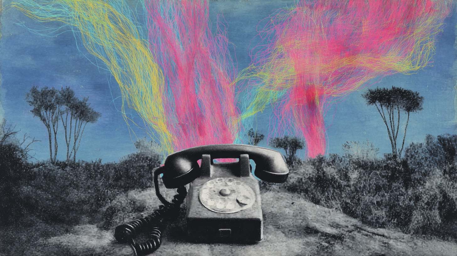 Digital collage of a retro phone releasing colorful smoke, surreal creative artwork.