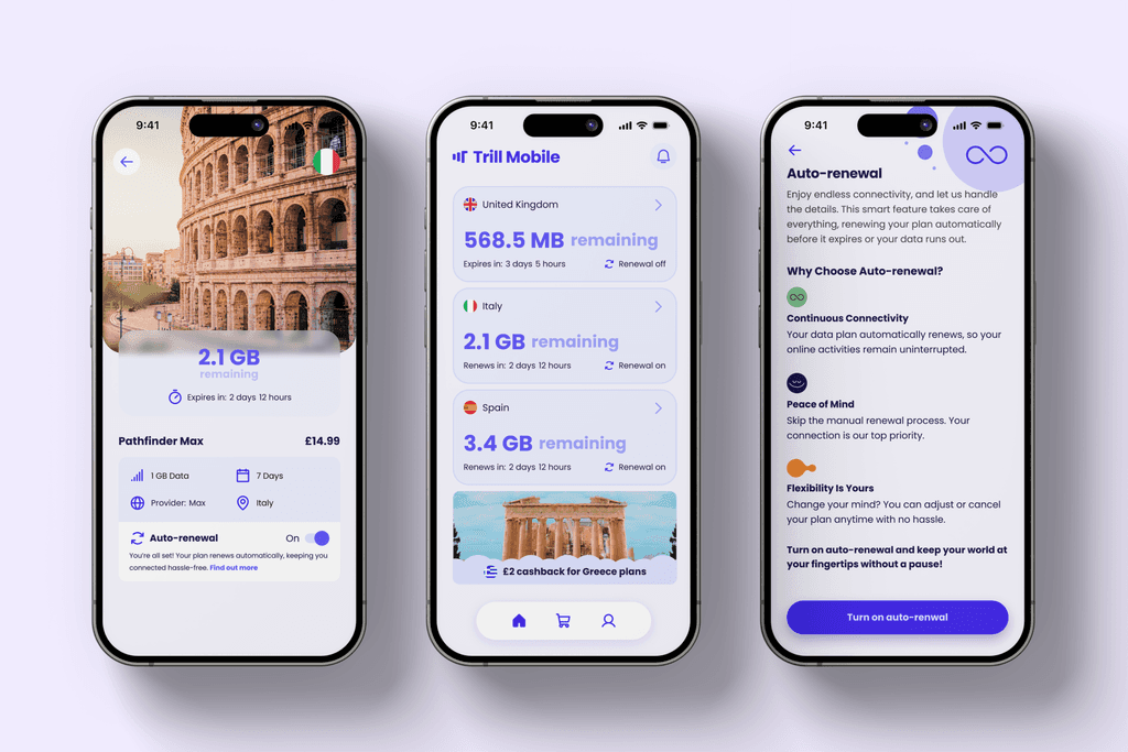 Three smartphones displaying screens from a mobile app named 'Trill Mobile.' The left screen shows a plan overview for a data package named 'Pathfinder Max,' featuring a background image of the Colosseum in Italy and details such as 2.1 GB of data remaining, plan cost, and an auto-renewal option. The center screen lists data usage for different countries, including the United Kingdom, Italy, and Spain, with respective data balances and renewal information. The right screen explains the benefits of auto-renewal, including continuous connectivity, peace of mind, and flexibility, along with a button to enable auto-renewal.